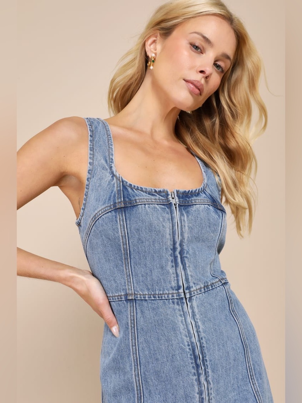 Lulus Trending Moment Medium Wash Zip-Front Denim Mini Dress NWT
